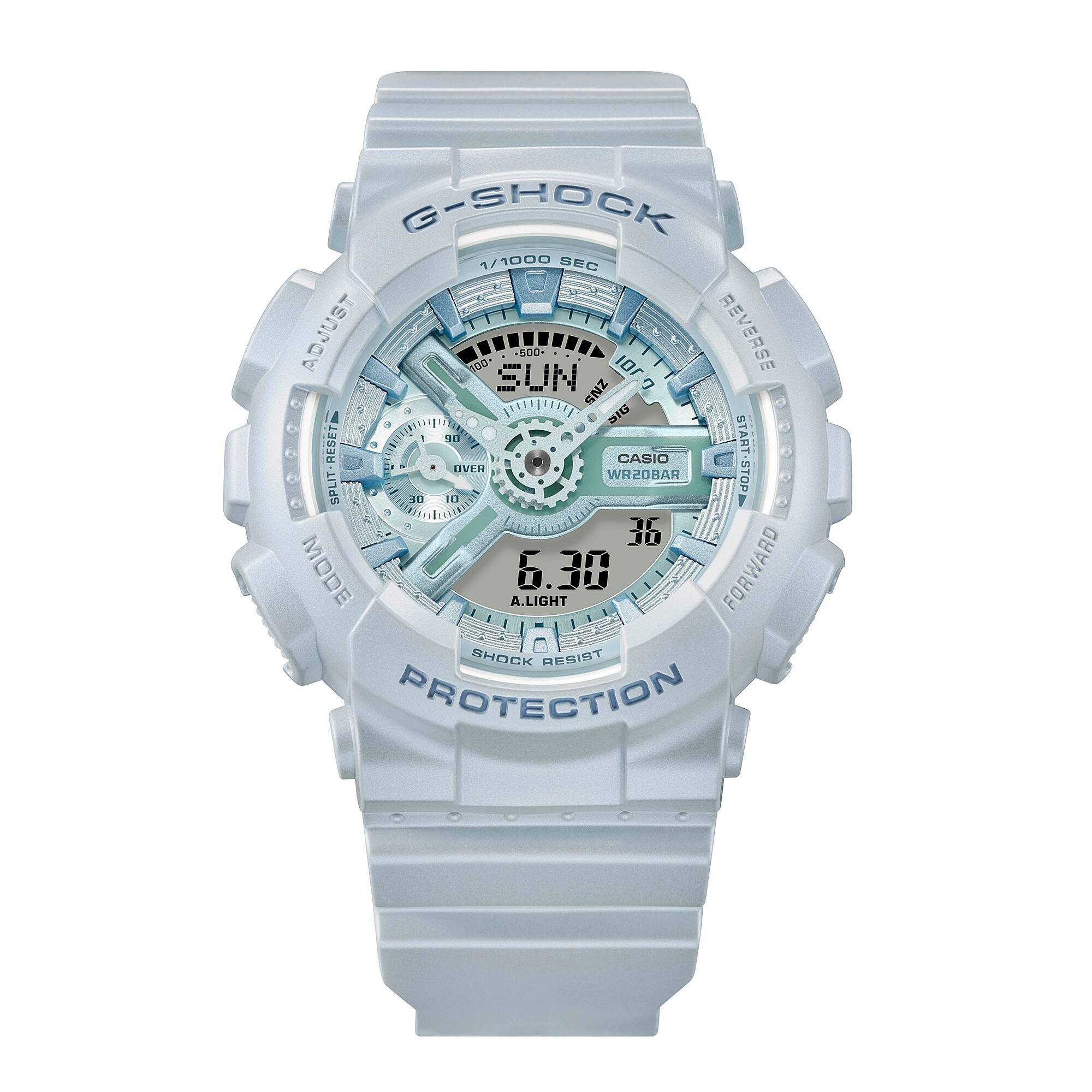 Casio G-SHOCK GMA-S110ST-2 analogue digital watch with blue resin band, metallic dial accents, and shock-resistant oversized design.