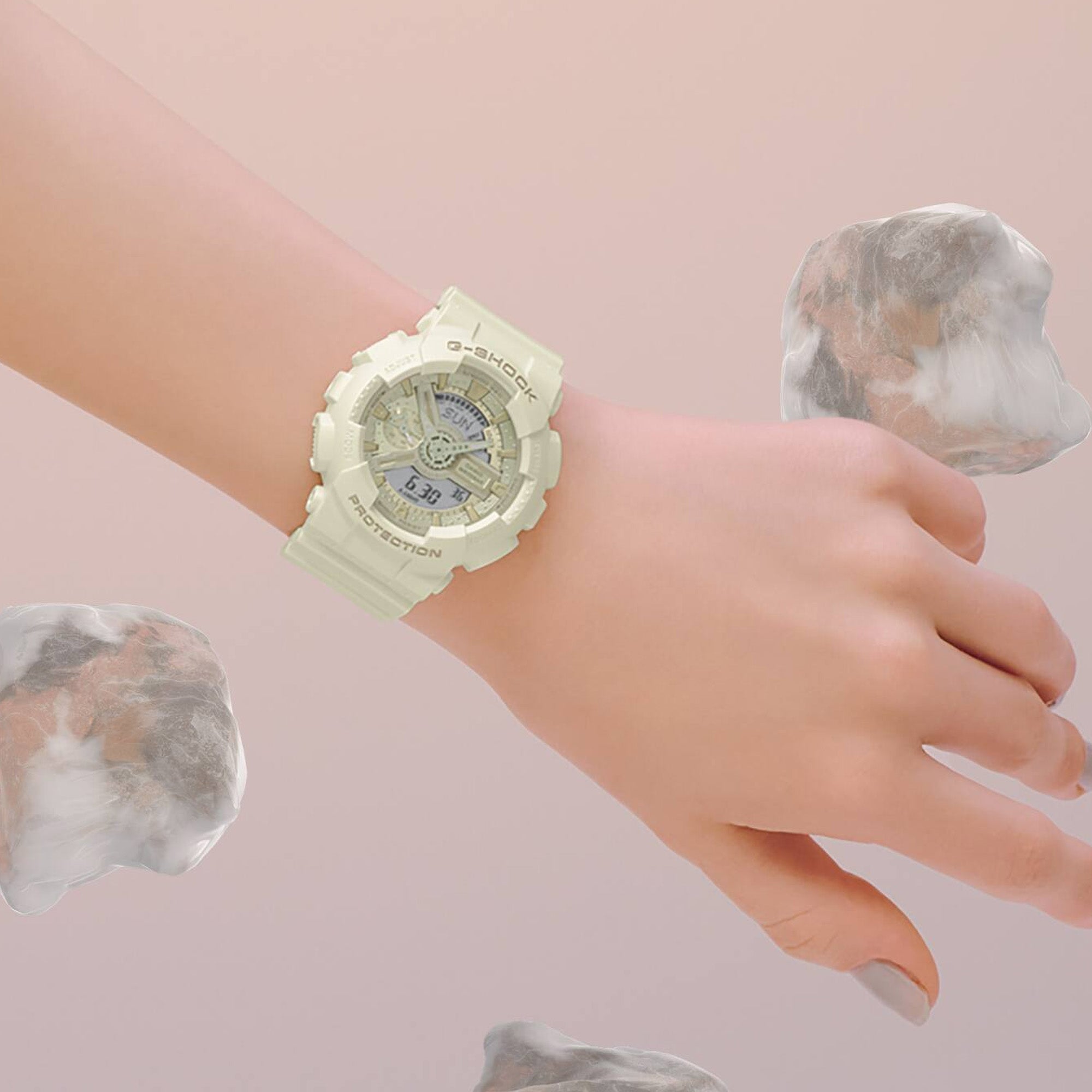 Casio G-SHOCK GMA-S110ST-7 analogue digital watch with white resin band, metallic dial accents, and shock-resistant sporty design - on wrist