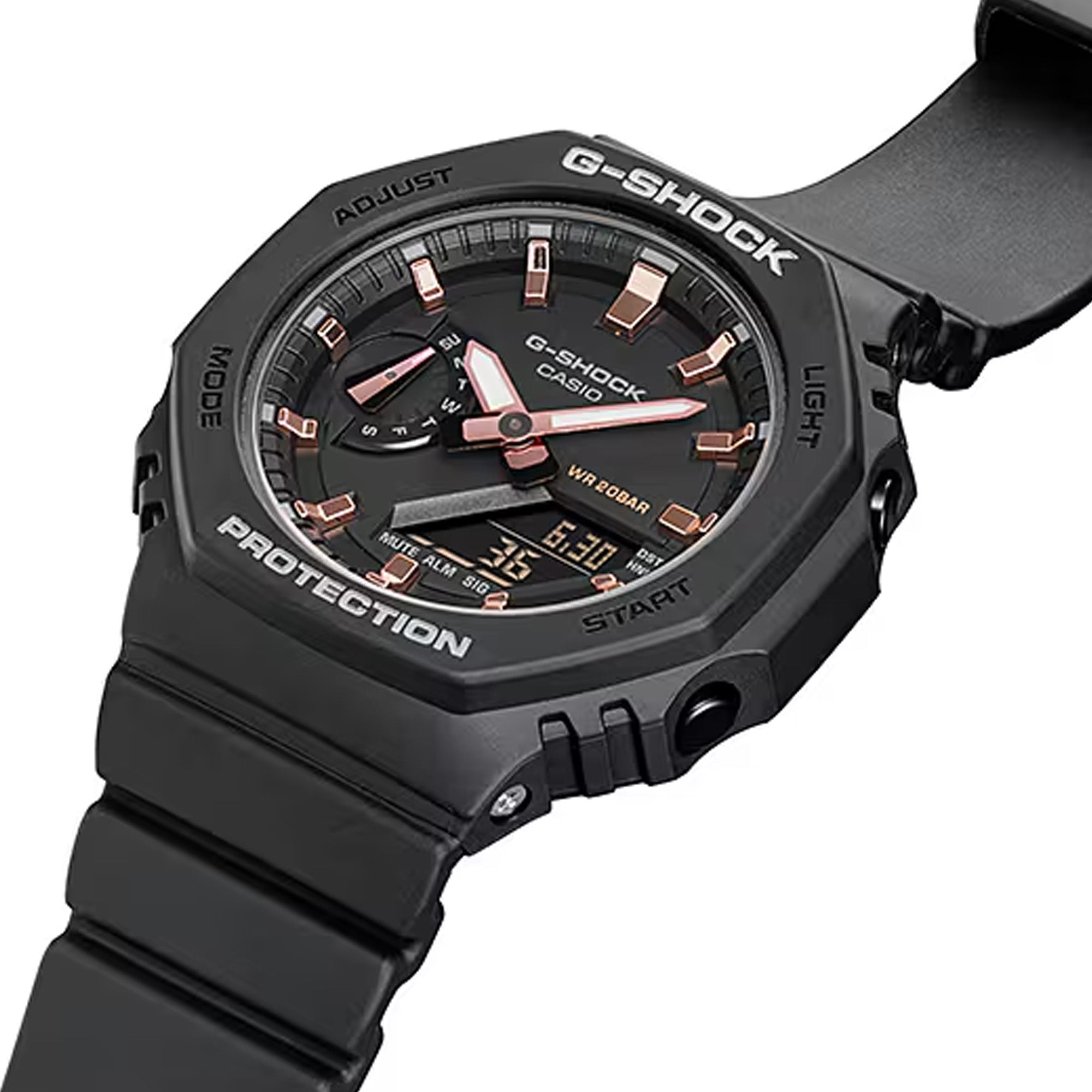 Casio G-SHOCK GMA-S2100-1A analogue digital watch with black resin band, octagonal bezel, and slim shock-resistant design.