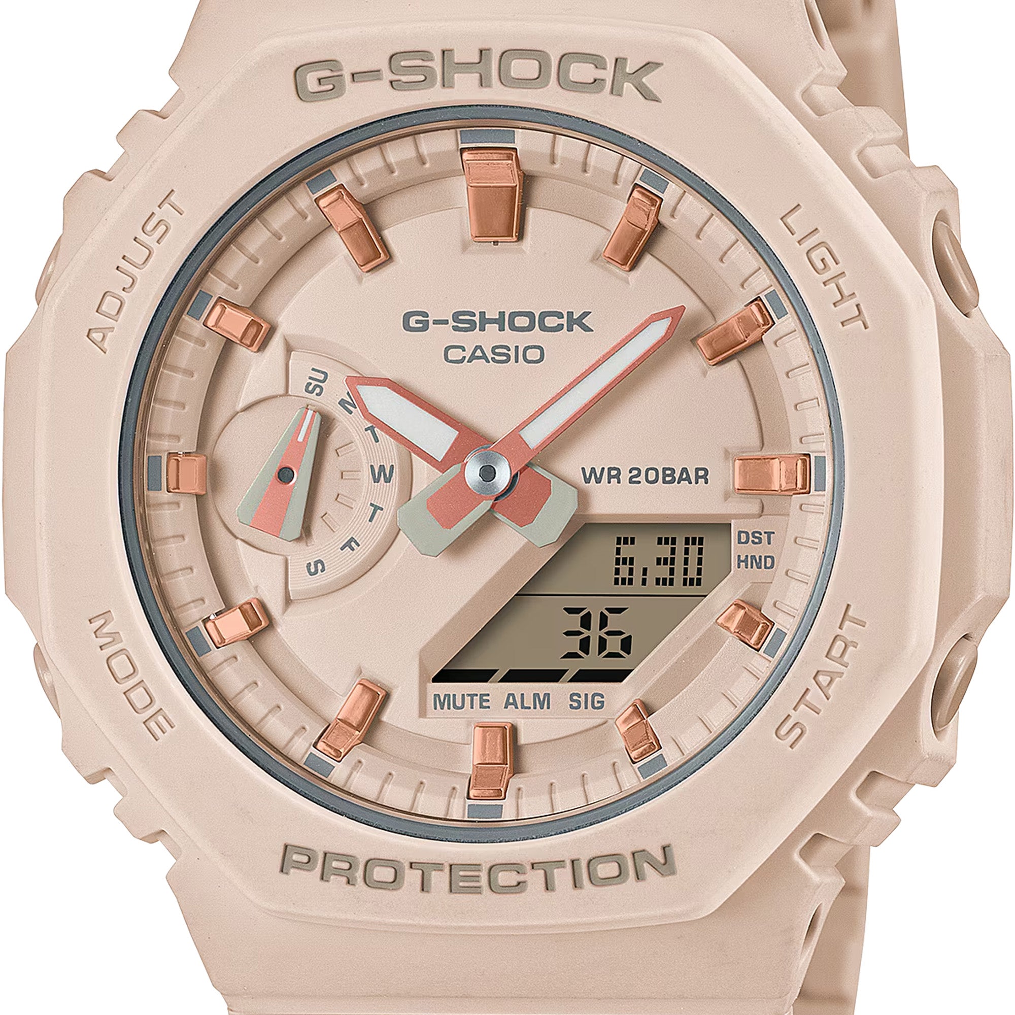Casio G-Shock GMAS2100-4A front view — blush pink octagonal case, flat minimalist dial with rose gold bar indices, analogue hands, day sub-dial, and digital LCD window. 46.2mm x 11.2mm Carbon Core Guard construction.