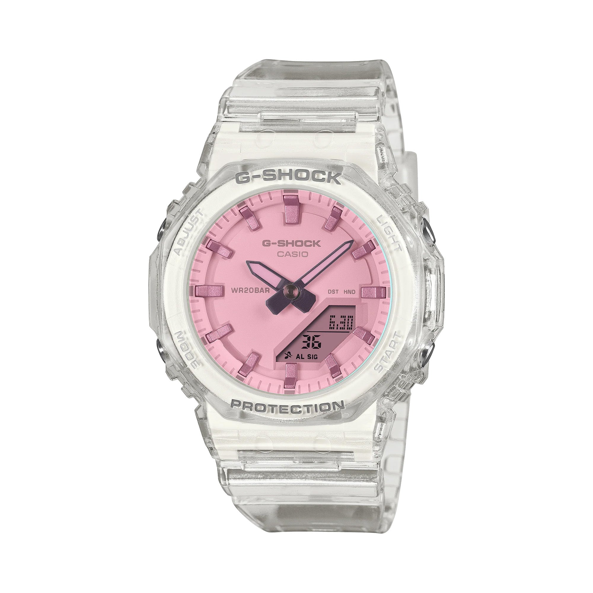 Casio G-Shock GMAP2100SR-7A front view, featuring the ultra-slim 11.2mm translucent clear resin octagonal case with full-glass vapor deposition finish creating a unique shimmering colour gradation across the watch glass, clean minimalist analogue-digital dial without inset sub-dial, and matching translucent clear resin band — no two pieces identical.