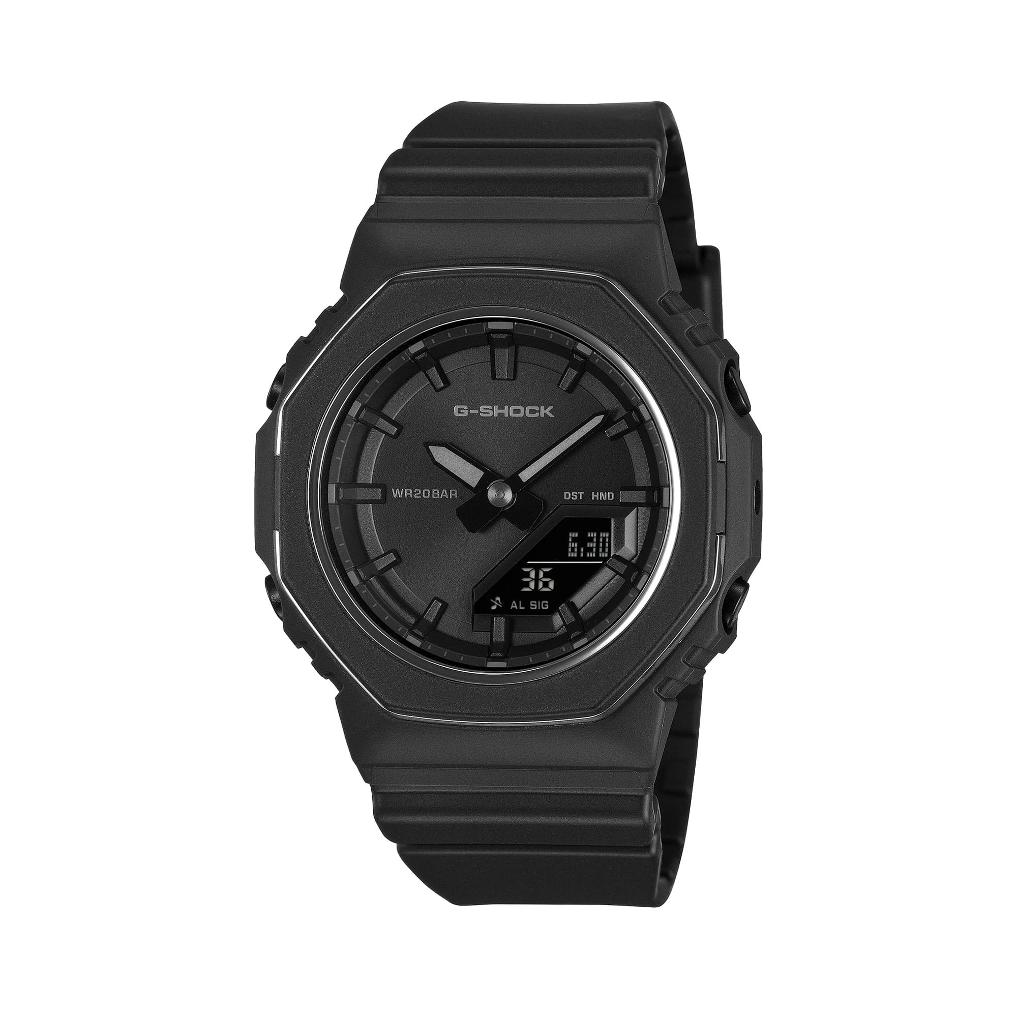 Front-on view of the Casio G-SHOCK Analogue Digital Women's Watch GMA-P2110B-1A, 40.5mm case, in an all-black finish with a thin metal bezel ring. The octagonal case and combined analogue-digital dial are shown clearly from this straight-on angle.