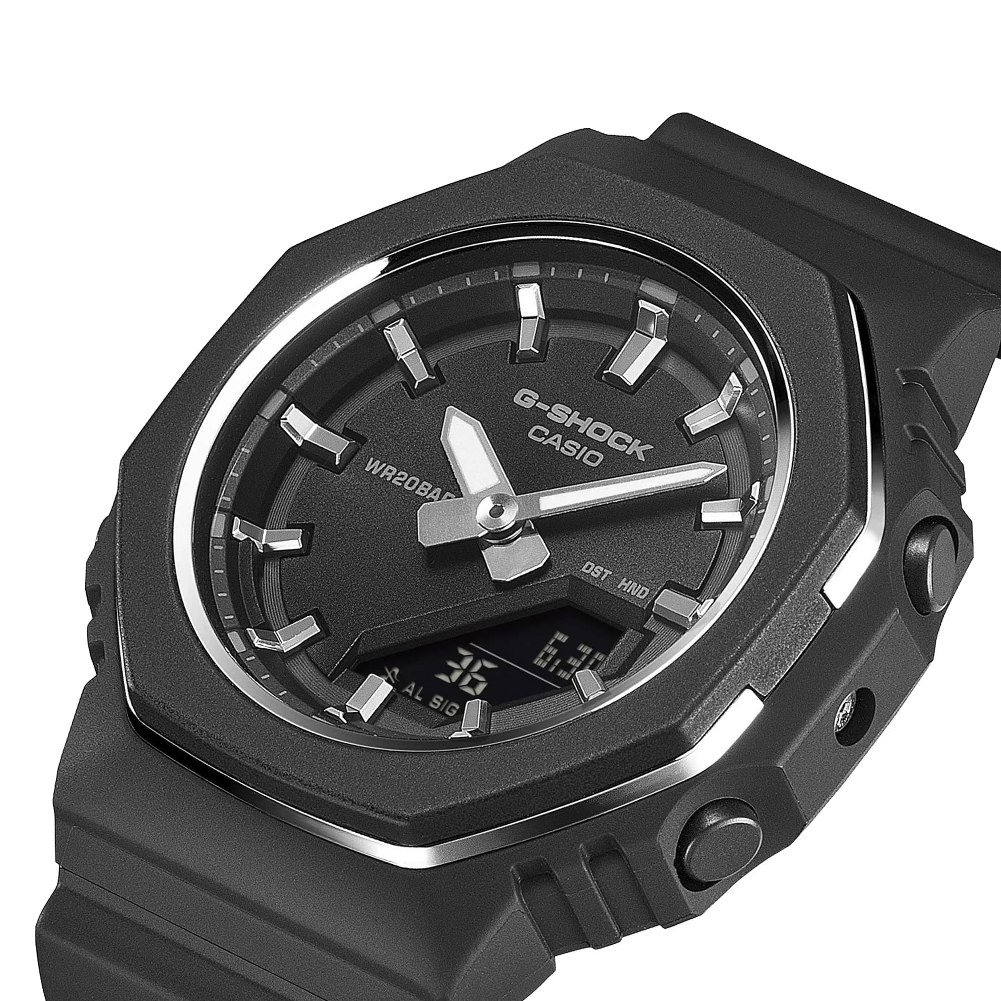 Three-quarter angle view of the Casio G-SHOCK Analogue Digital Women's Watch GMA-P2110B-1A, 40.5mm case, highlighting the octagonal bezel shape and slim metal ring detailing. The all-black resin case and band are visible from this angle.