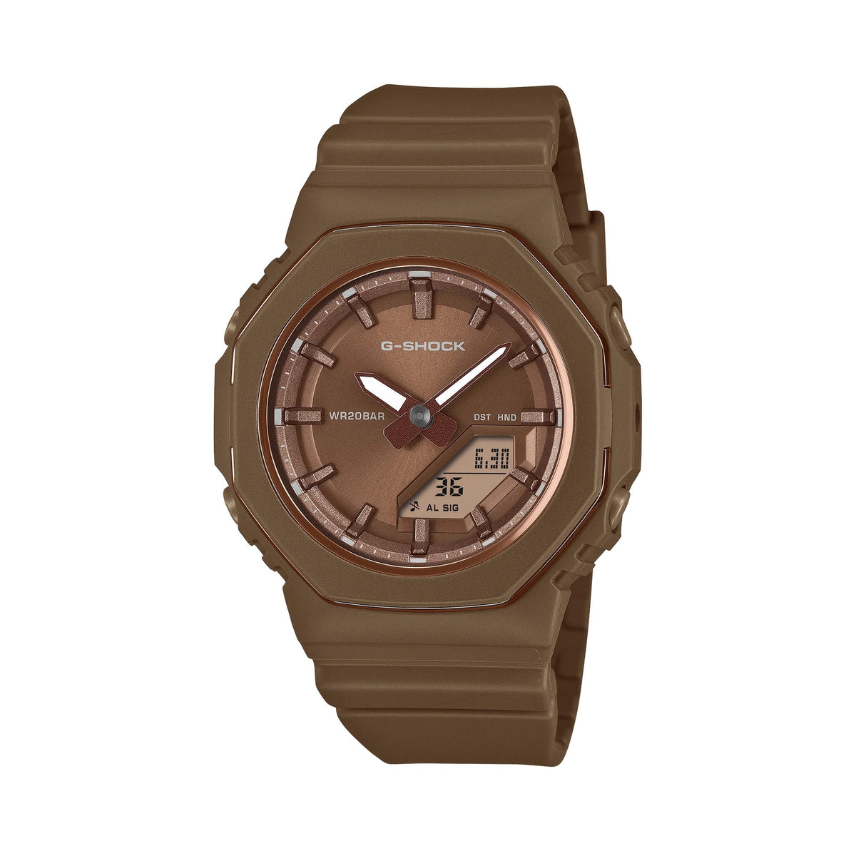 Front-on view of the Casio G-SHOCK Analogue Digital Women's Watch GMA-P2110B-5A, 40.5mm case, in an all-brown finish with a thin metal bezel ring. The octagonal case and combined analogue-digital dial are shown clearly from this straight-on angle.