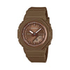 Front-on view of the Casio G-SHOCK Analogue Digital Women's Watch GMA-P2110B-5A, 40.5mm case, in an all-brown finish with a thin metal bezel ring. The octagonal case and combined analogue-digital dial are shown clearly from this straight-on angle.