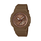 Front-on view of the Casio G-SHOCK Analogue Digital Women's Watch GMA-P2110B-5A, 40.5mm case, in an all-brown finish with a thin metal bezel ring. The octagonal case and combined analogue-digital dial are shown clearly from this straight-on angle.