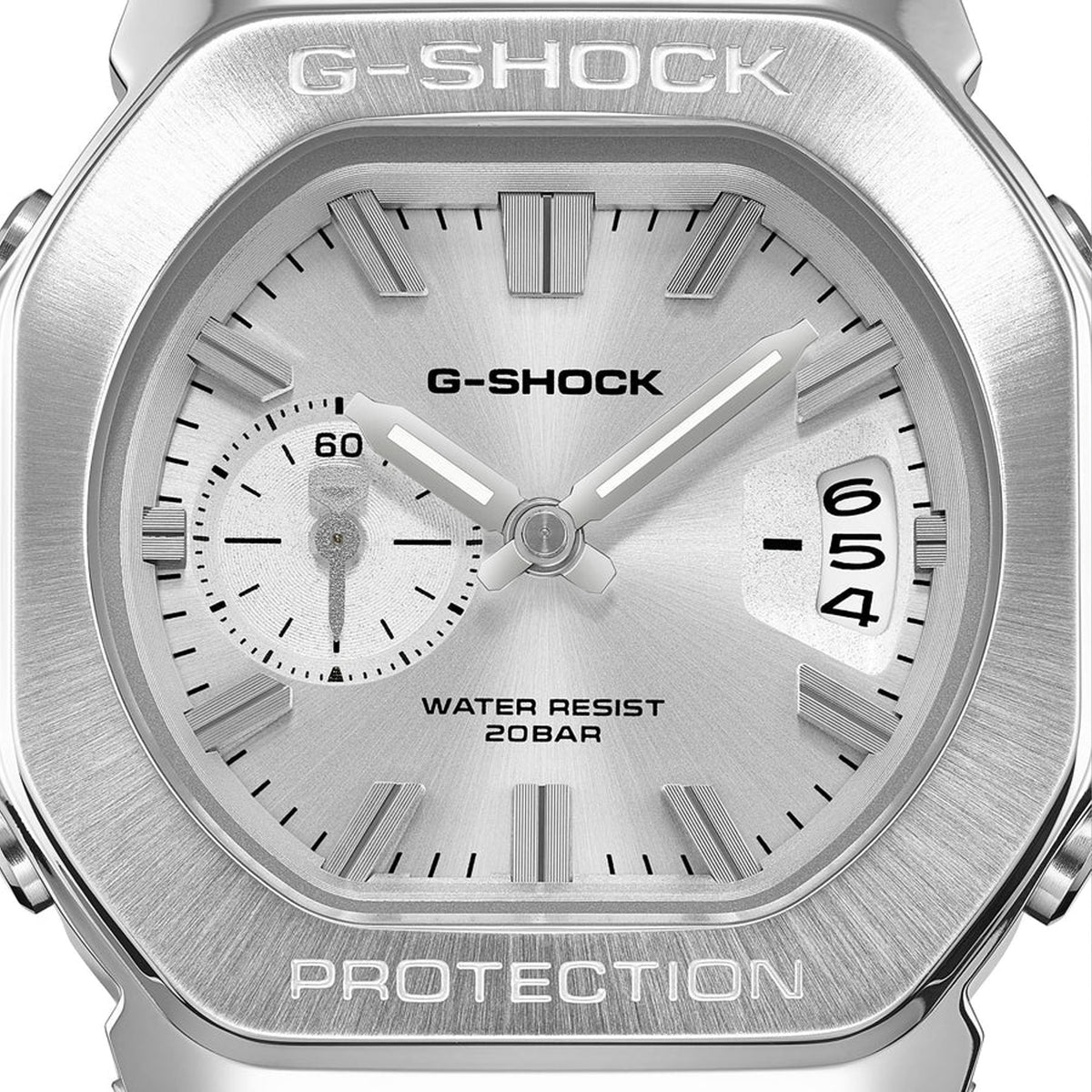 Close-up of the dial on the Casio G-SHOCK 2500 Series Quartz Men’s Watch GMC2500-1A8, 46.7mm case. The small seconds subdial, date window and parallel-line hands are shown in detail.