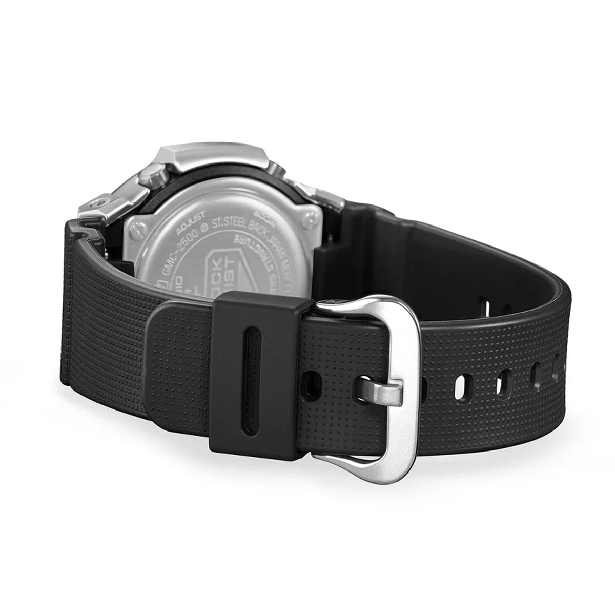 Back of the resin strap on the Casio G-SHOCK 2500 Series Quartz Men’s Watch GMC2500-1A8, 46.7mm case. The textured strap and case back are shown.