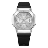 Three-quarter angle view of the Casio G-SHOCK 2500 Series Quartz Men’s Watch GMC2500-1A8, 46.7mm case, highlighting the silver bezel and rounded octagonal case. The silver dial and bar indexes are visible.