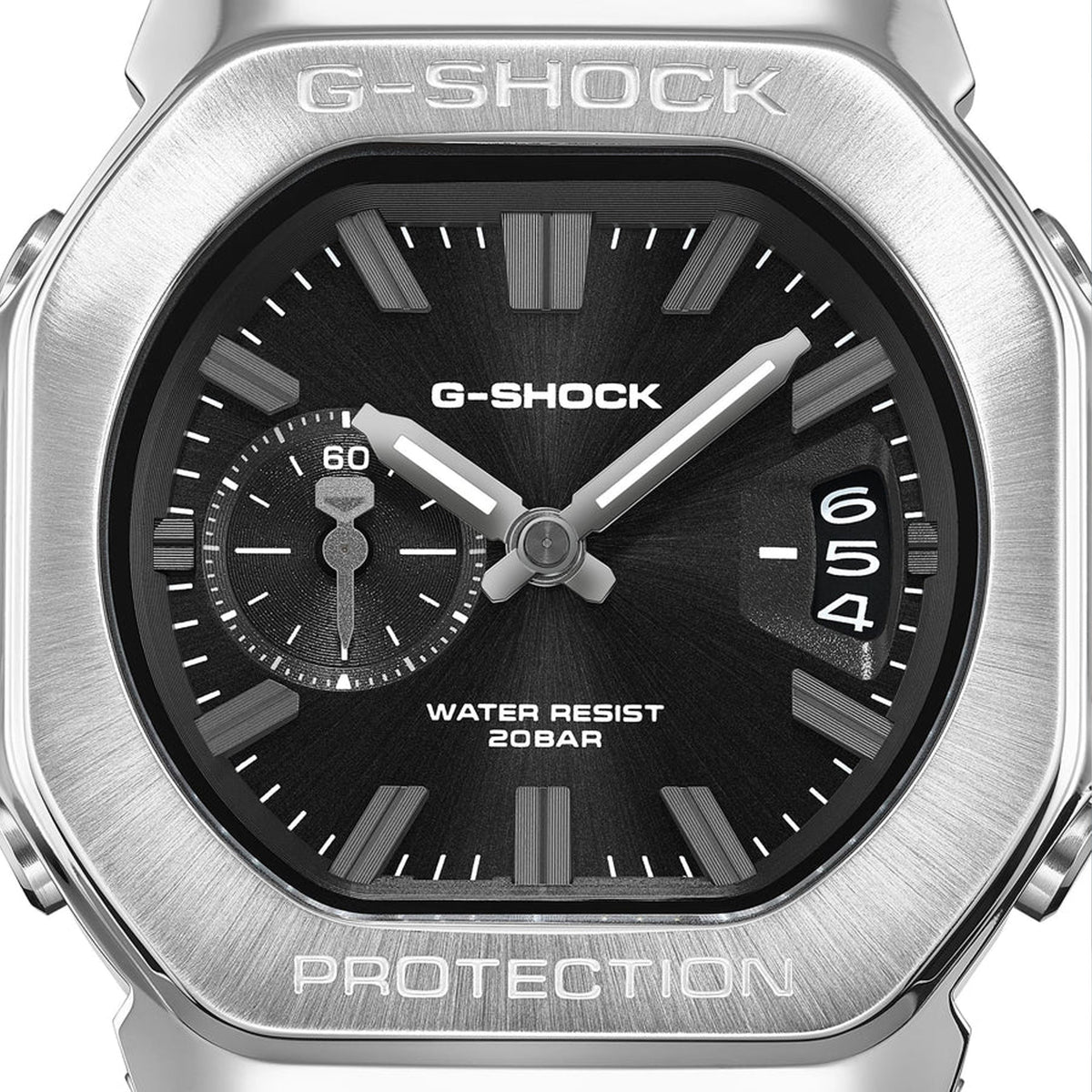 Close-up of the dial on the Casio G-SHOCK 2500 Series Quartz Men’s Watch GMC2500-1A, 46.7mm case. The small seconds subdial, date window and parallel-line hands are shown in detail.