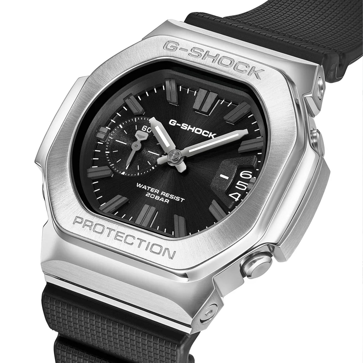 Three-quarter angle view of the Casio G-SHOCK 2500 Series Quartz Men’s Watch GMC2500-1A, 46.7mm case, highlighting the silver bezel and rounded octagonal case. The black dial and bar indexes are visible.