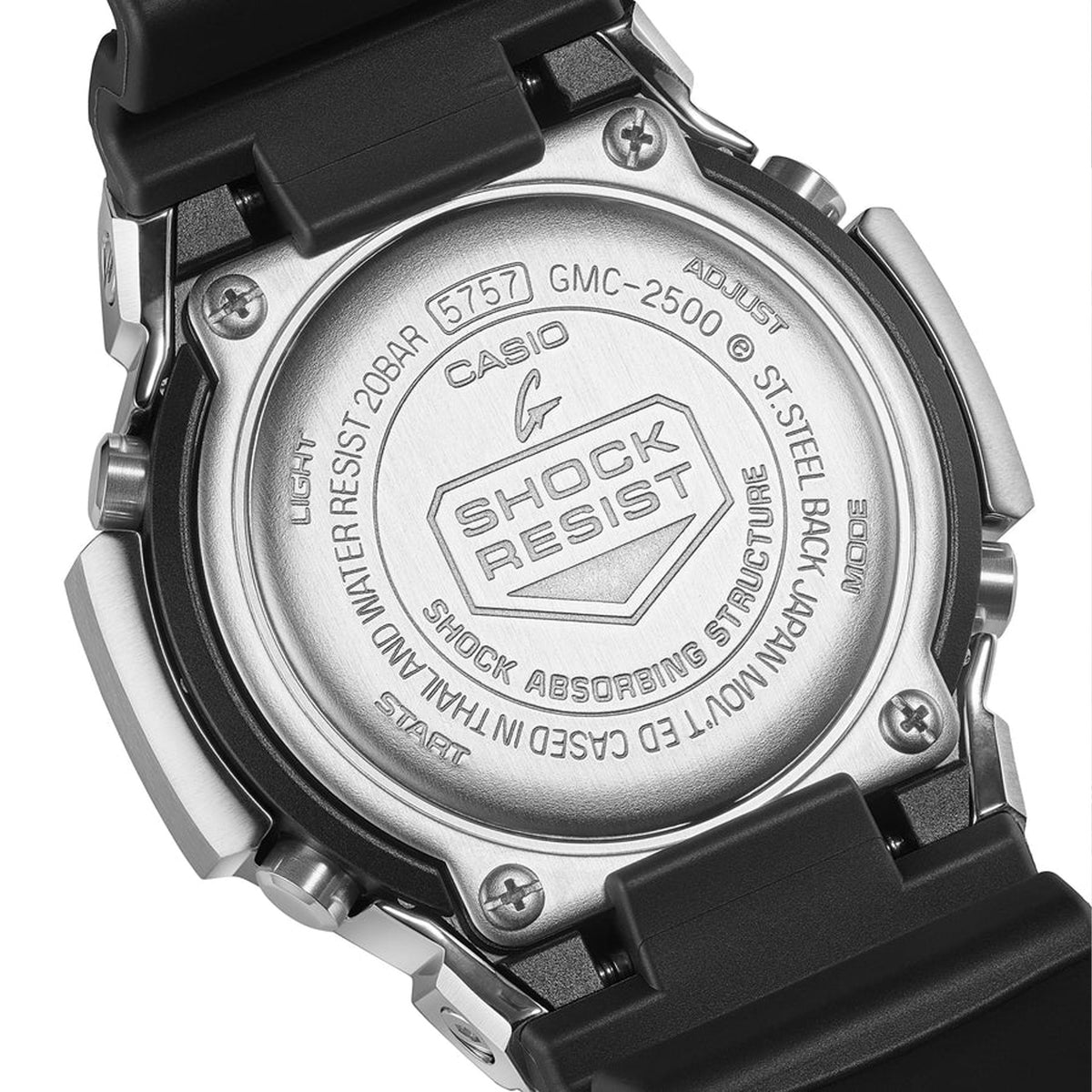 Back of the black resin strap on the Casio G-SHOCK 2500 Series Quartz Men’s Watch GMC2500-1A, 46.7mm case. The textured strap and case back are shown.