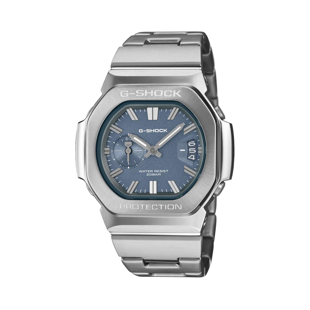 Front-on view of the Casio G-SHOCK 2500 Series Quartz Men’s Watch GMC2500D-1A2, 46.7mm case, in stainless steel with a blue dial. The analogue dial and three-cell date window are clearly visible.