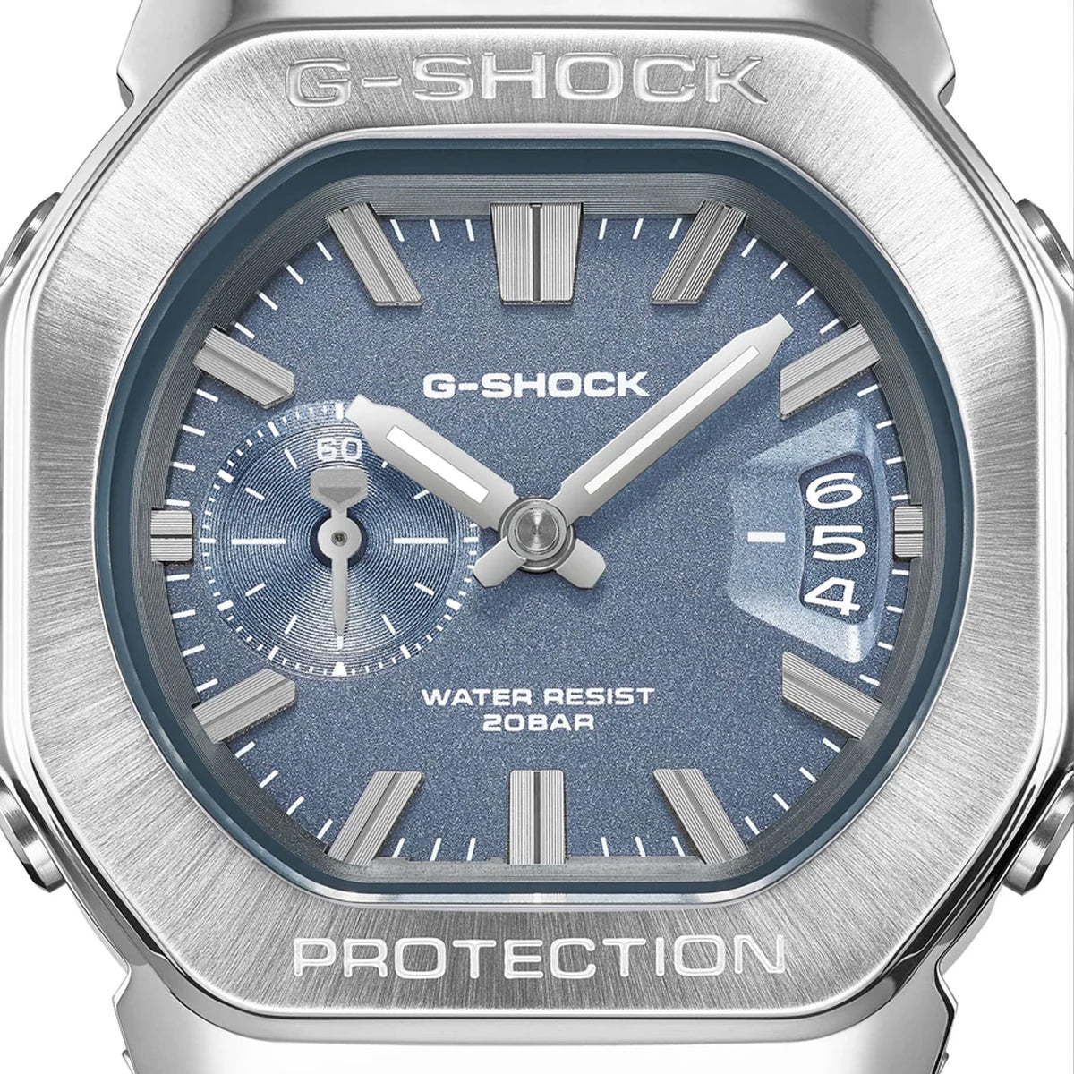 Close-up of the dial on the Casio G-SHOCK 2500 Series Quartz Men’s Watch GMC2500D-1A2, 46.7mm case. The small seconds subdial, date window and parallel-line hands are shown in detail.