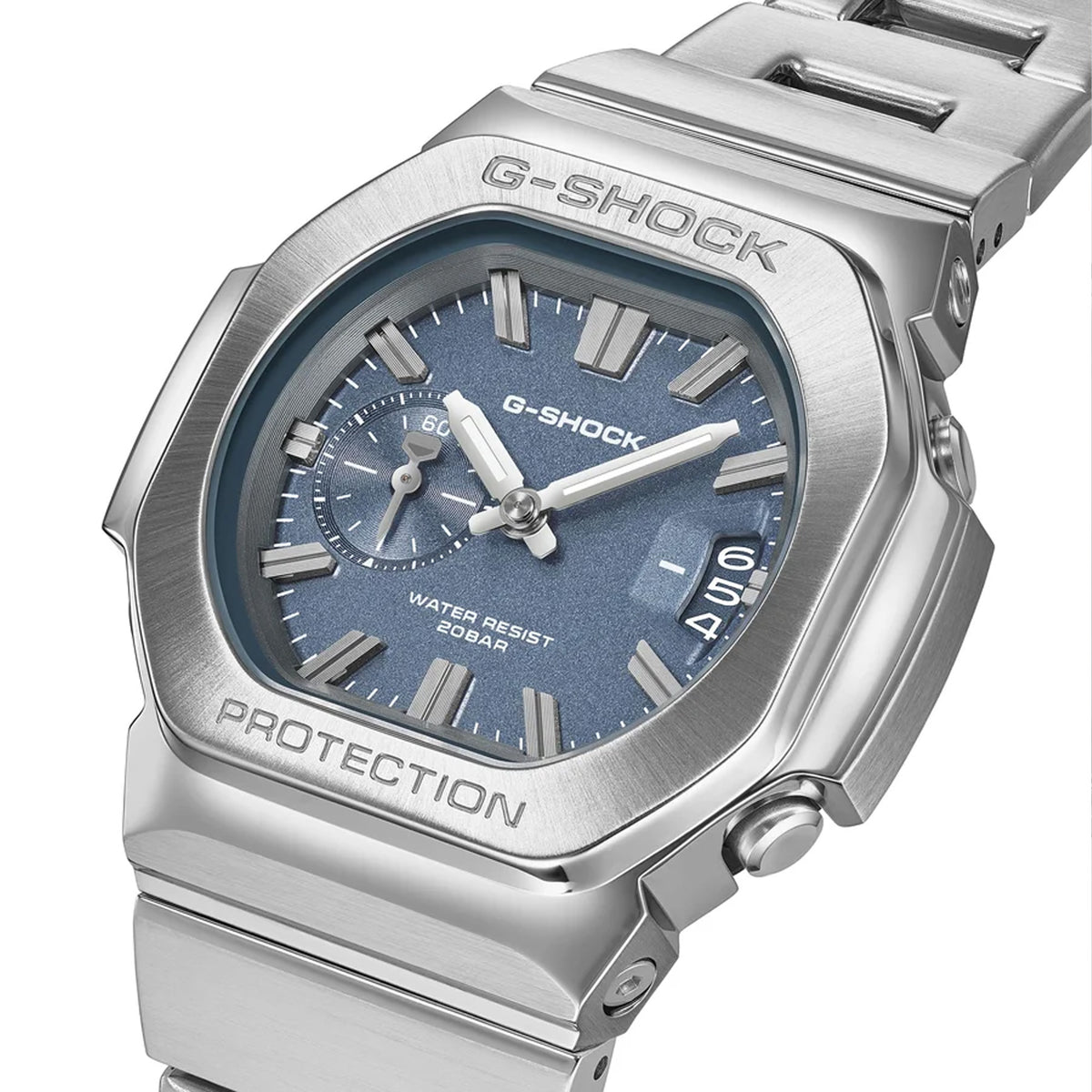 Three-quarter angle view of the Casio G-SHOCK 2500 Series Quartz Men’s Watch GMC2500D-1A2, 46.7mm case, highlighting the silver bezel and rounded octagonal case. The blue dial and bar indexes are visible.