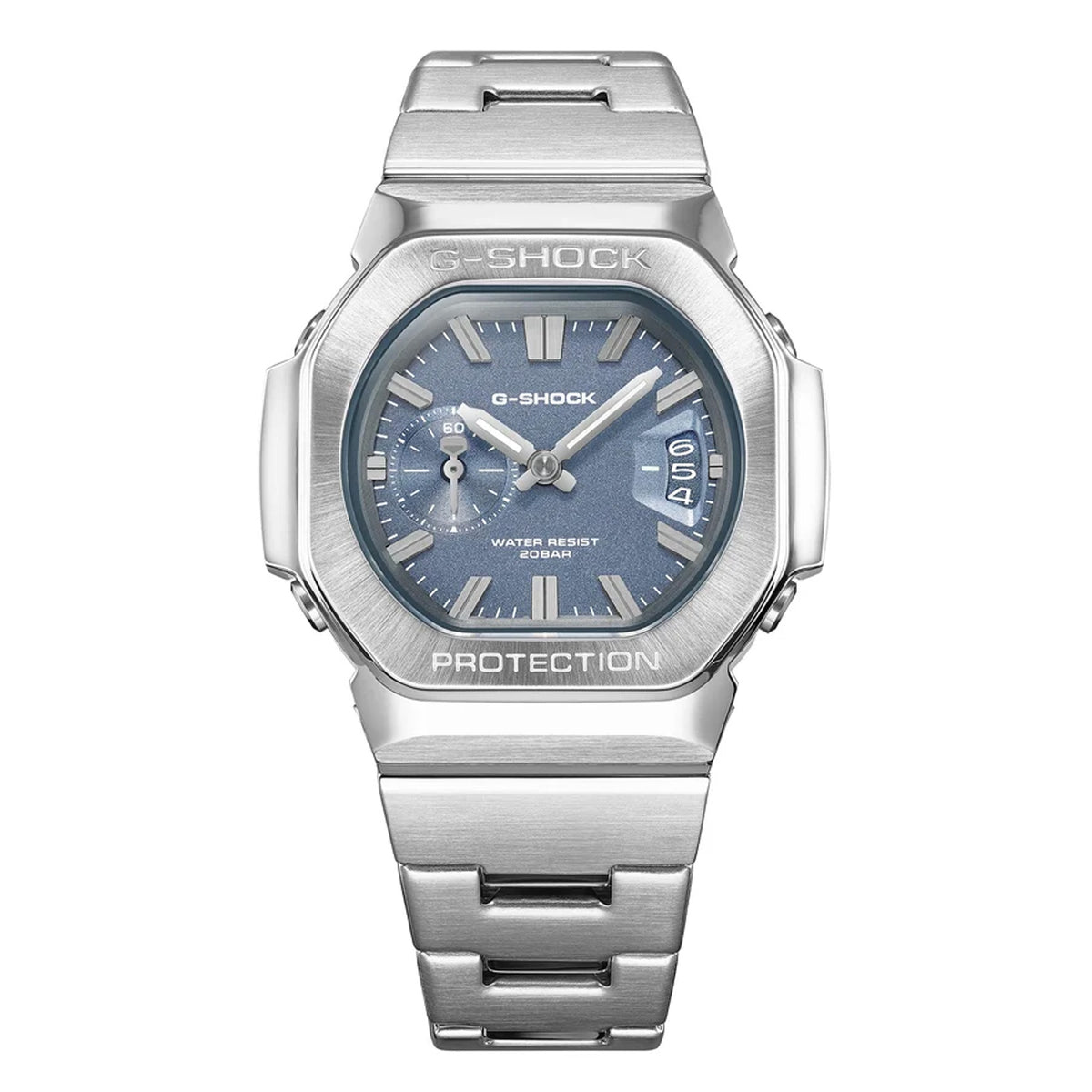 Close-up of the dial on the Casio G-SHOCK 2500 Series Quartz Men’s Watch GMC2500D-1A2, 46.7mm case. The small seconds subdial, date window and parallel-line hands are shown in detail.