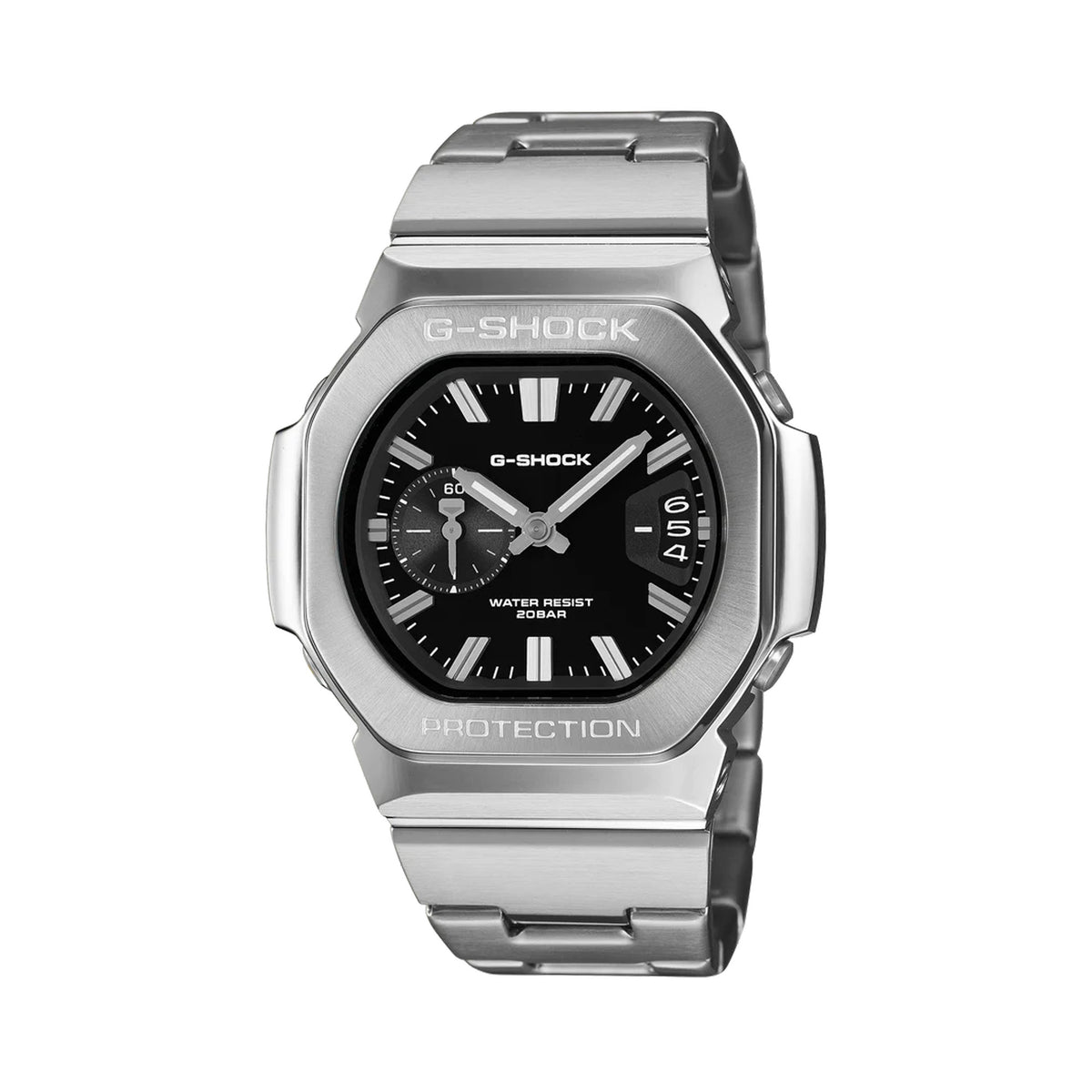 Front-on view of the Casio G-SHOCK 2500 Series Quartz Men’s Watch GMC2500D-1A, 46.7mm case, in stainless steel with a black dial. The analogue dial and three-cell date window are clearly visible.