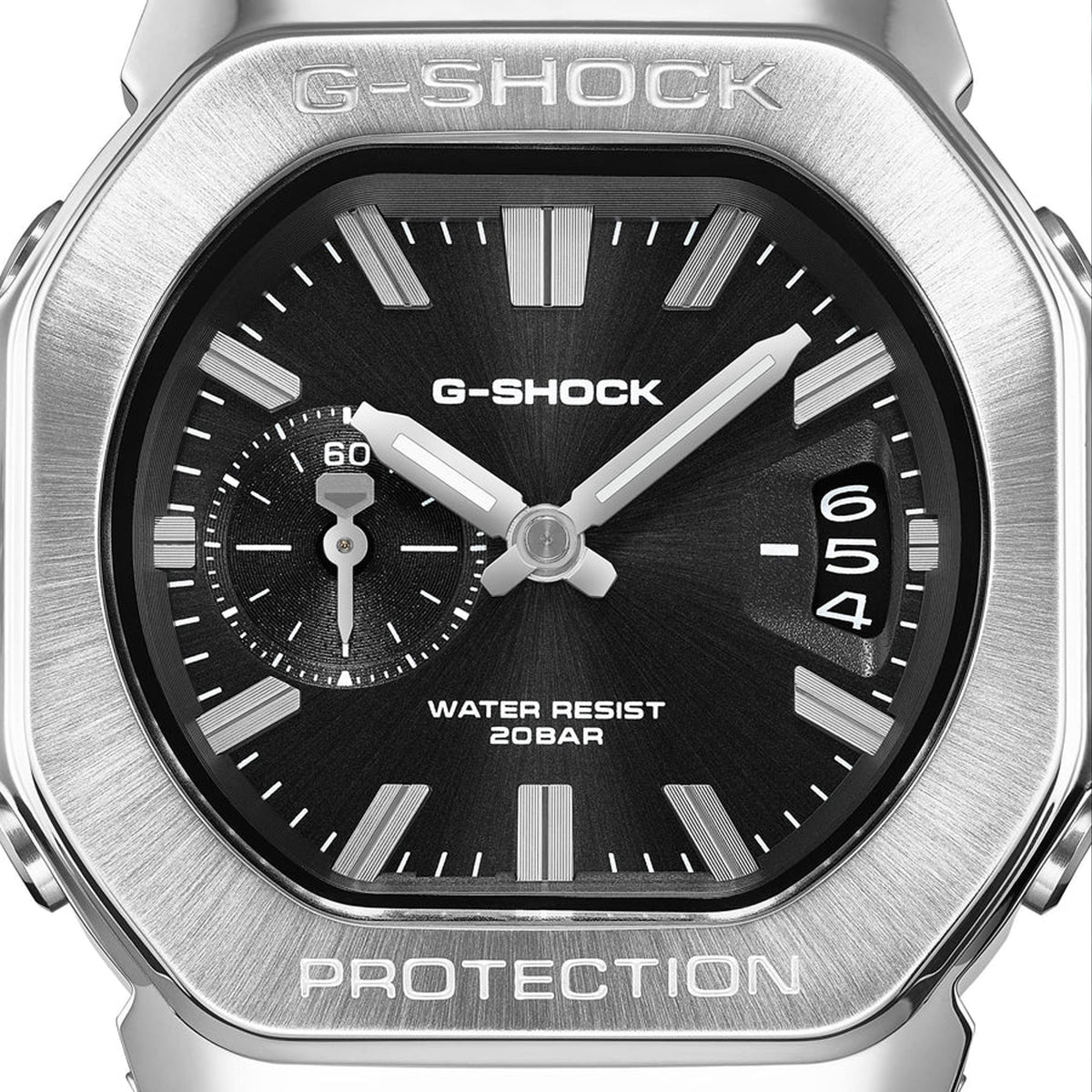 Close-up of the dial on the Casio G-SHOCK 2500 Series Quartz Men’s Watch GMC2500D-1A, 46.7mm case. The small seconds subdial, date window and parallel-line hands are shown in detail.