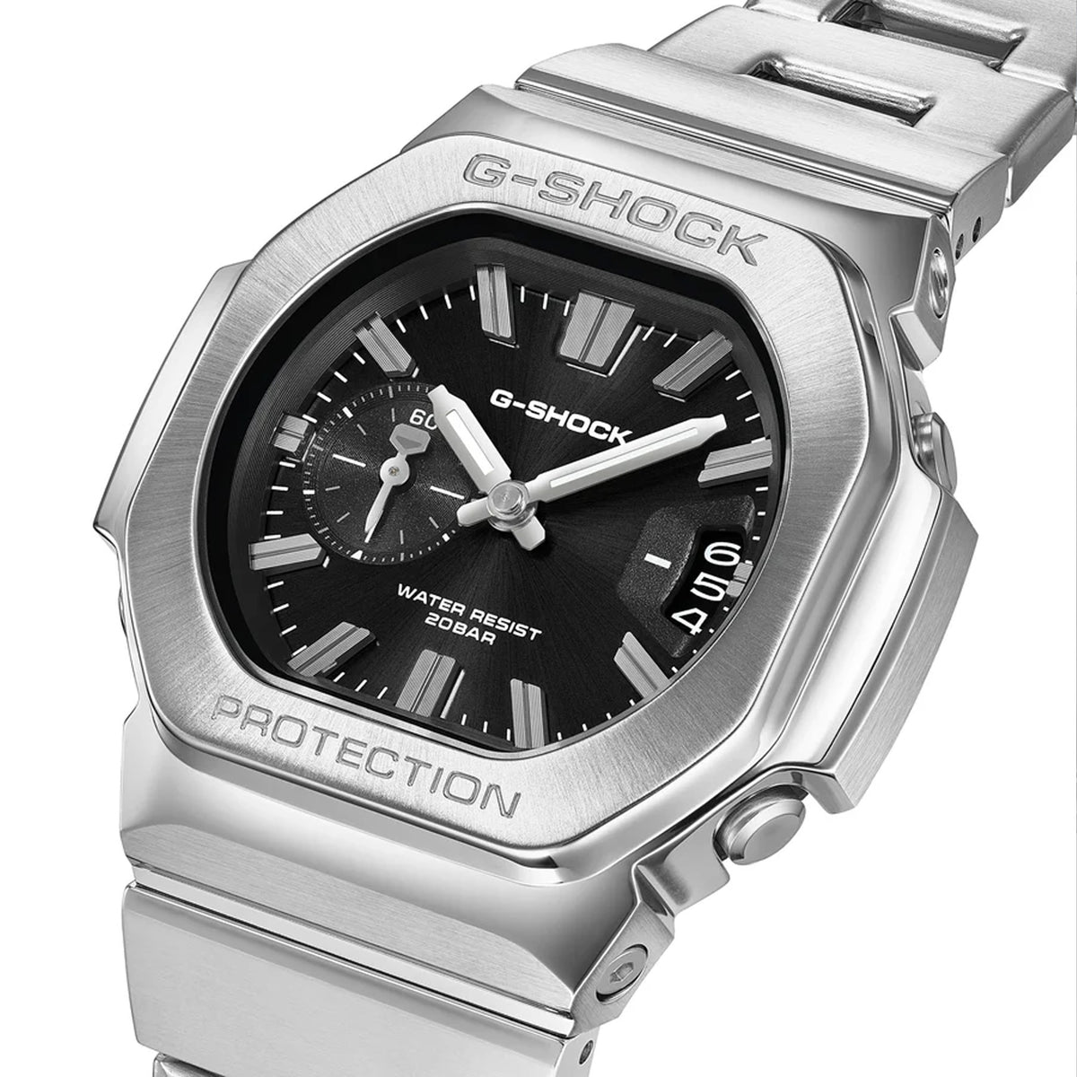 Three-quarter angle view of the Casio G-SHOCK 2500 Series Quartz Men’s Watch GMC2500D-1A, 46.7mm case, highlighting the silver bezel and rounded octagonal case. The black dial and bar indexes are visible.