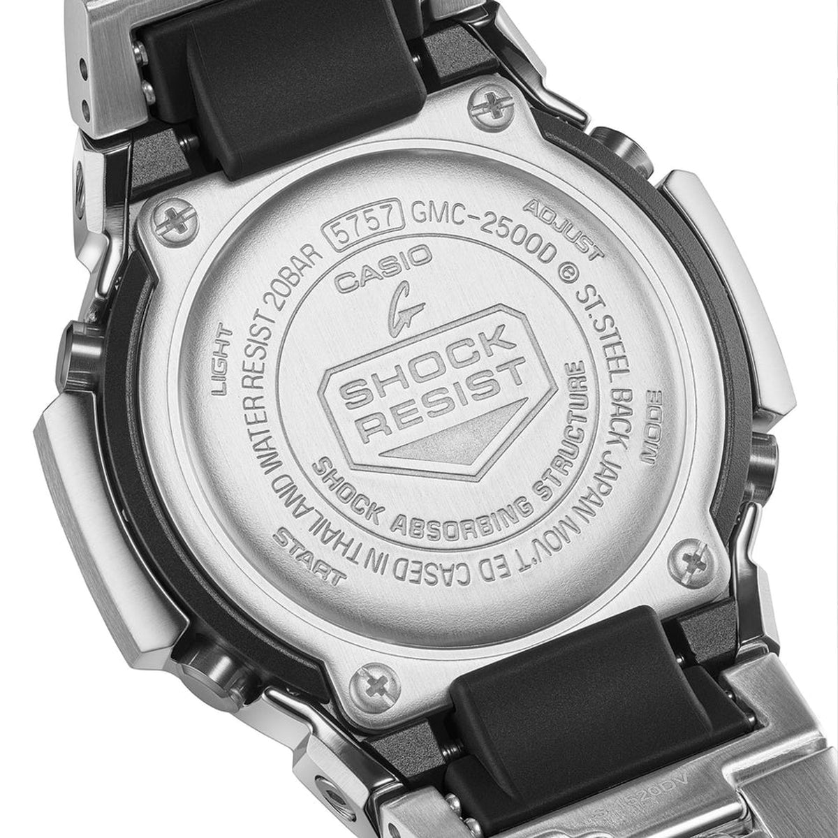 Back of the stainless steel bracelet on the Casio G-SHOCK 2500 Series Quartz Men’s Watch GMC2500D-1A, 46.7mm case. The bracelet links and case back are shown.