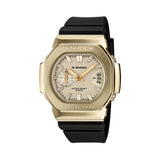 Front-on view of the Casio G-SHOCK 2500 Series Quartz Men’s Watch GMC2500G-9A, 46.7mm case, with a gold ion-plated bezel and gold dial. The analogue dial and three-cell date window are clearly visible.