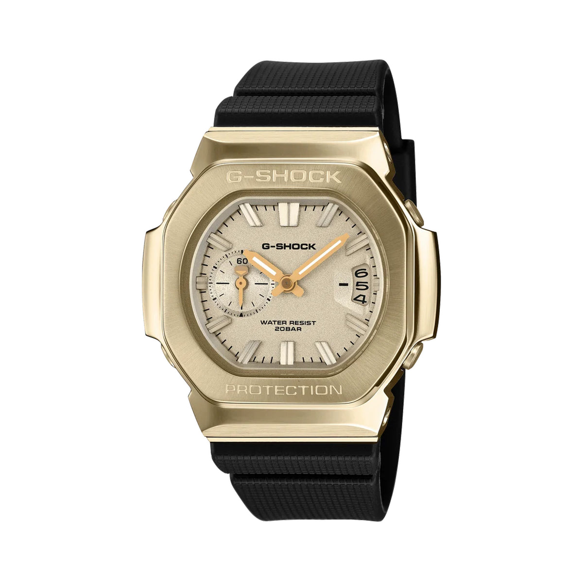 Front-on view of the Casio G-SHOCK 2500 Series Quartz Men’s Watch GMC2500G-9A, 46.7mm case, with a gold ion-plated bezel and gold dial. The analogue dial and three-cell date window are clearly visible.