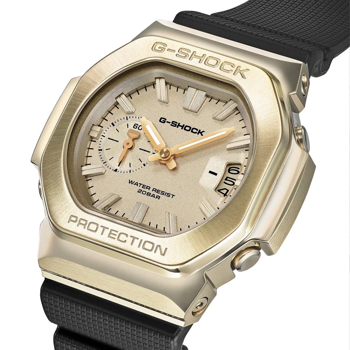 Three-quarter angle view of the Casio G-SHOCK 2500 Series Quartz Men’s Watch GMC2500G-9A, 46.7mm case, highlighting the gold ion-plated bezel and rounded octagonal case. The gold dial and bar indexes are visible.