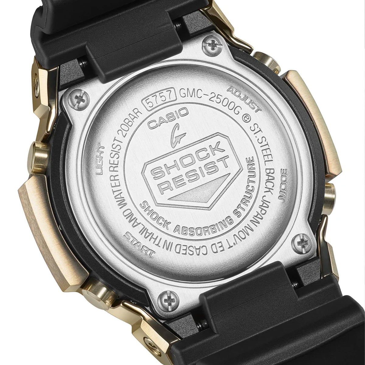 Back of the resin strap on the Casio G-SHOCK 2500 Series Quartz Men’s Watch GMC2500G-9A, 46.7mm case. The textured strap and case back are shown.