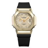 Three-quarter angle view of the Casio G-SHOCK 2500 Series Quartz Men’s Watch GMC2500G-9A, 46.7mm case, highlighting the gold ion-plated bezel and rounded octagonal case. The gold dial and bar indexes are visible.