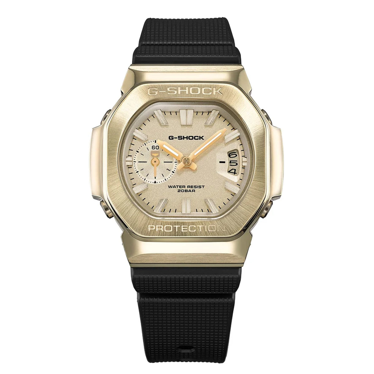 Three-quarter angle view of the Casio G-SHOCK 2500 Series Quartz Men’s Watch GMC2500G-9A, 46.7mm case, highlighting the gold ion-plated bezel and rounded octagonal case. The gold dial and bar indexes are visible.
