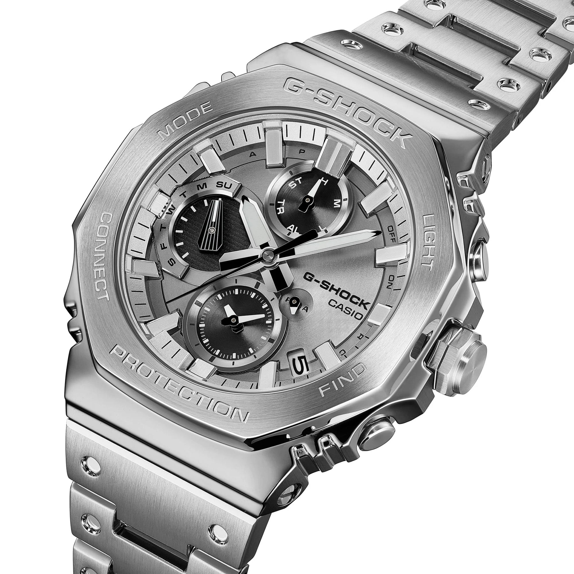 Casio G-Shock GMCB2100ADS-1A front view, featuring the 46.3mm full stainless steel octagonal case with circular hairline bezel and mirror-polished bevelled edges, silvery vapour deposition main dial with contrasting black inset sub-dials, fully analogue three-hand display, and dimpled stainless steel band — crafted at Yamagata Casio.
