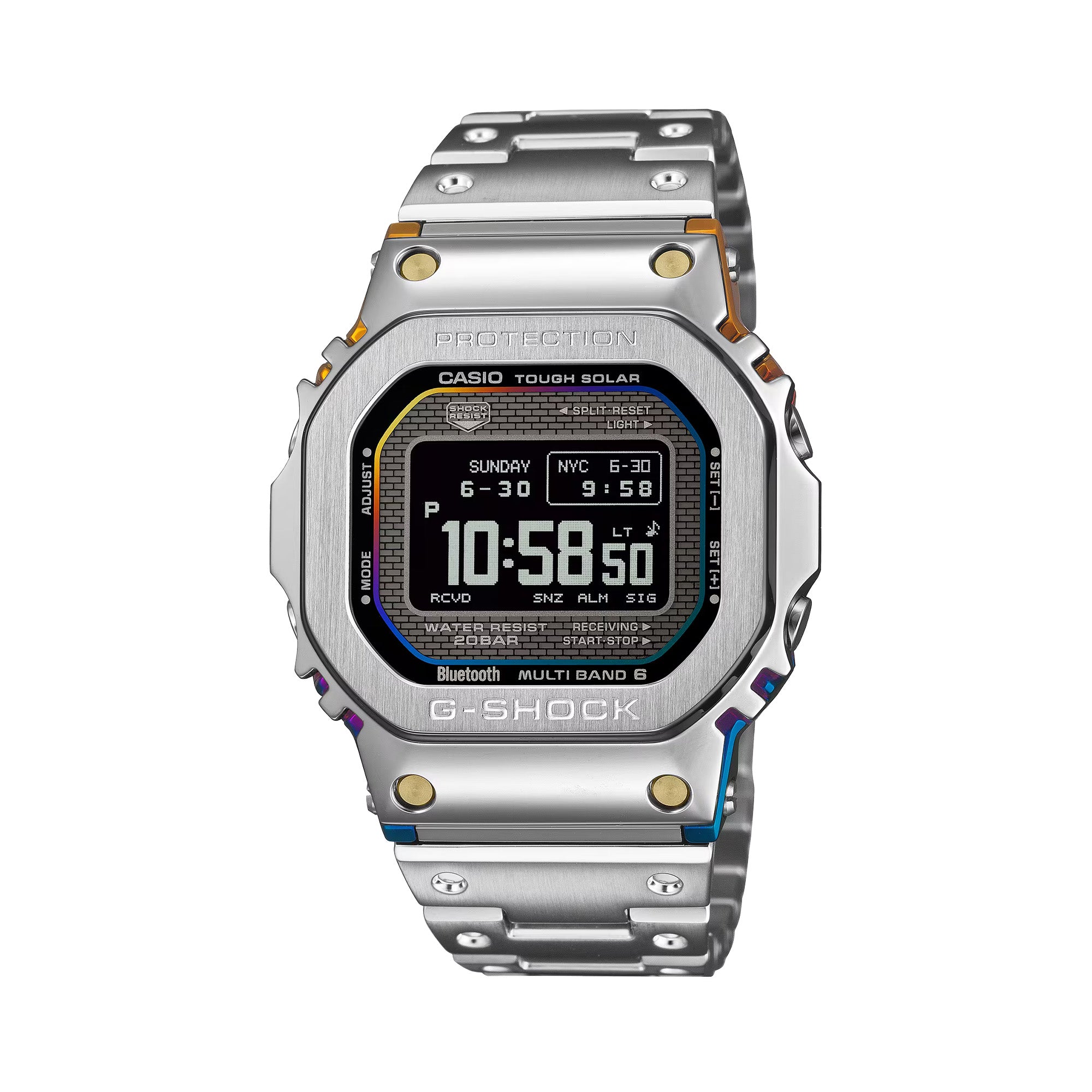 Casio G-Shock GMWBZ5000RC-1D front view, featuring the 43.6mm full stainless steel square case with gradient rainbow ion-plated centre case — a two-stage gold and rainbow IP process — rainbow vapour-deposited glass border, gold IP front screws, high-definition MIP LCD display, and solid stainless steel band, crafted at Yamagata Casio. No two pieces look identical under different light.