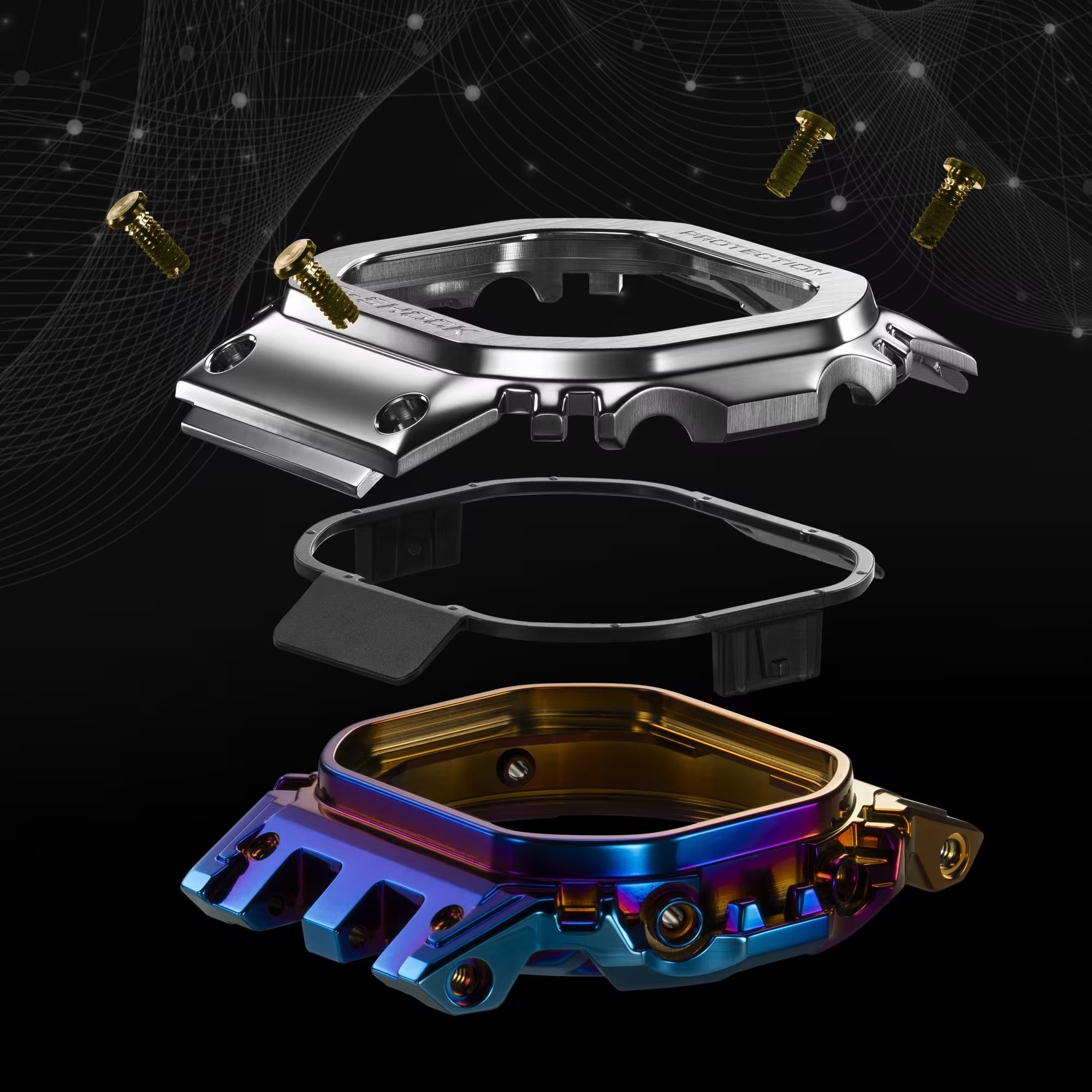 Casio G-Shock GMWBZ5000RC-1D component view showing the separated parts of the full-metal shock-resistant structure — the stainless steel outer bezel, gradient rainbow ion-plated stainless steel centre case, and resilient resin internal protector that temporarily deforms on impact to absorb shock energy — illustrating how full G-Shock toughness is achieved within a completely metal exterior.