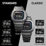 Casio G-Shock GMWBZ5000RC-1D high-definition MIP LCD display showing the dual world time function, with home time and a second world time city displayed simultaneously across the STANDARD or CLASSIC 7-segment display styles — demonstrating the watch's world time capability across 38 time zones and 55 cities, switchable via the Casio Watches app.