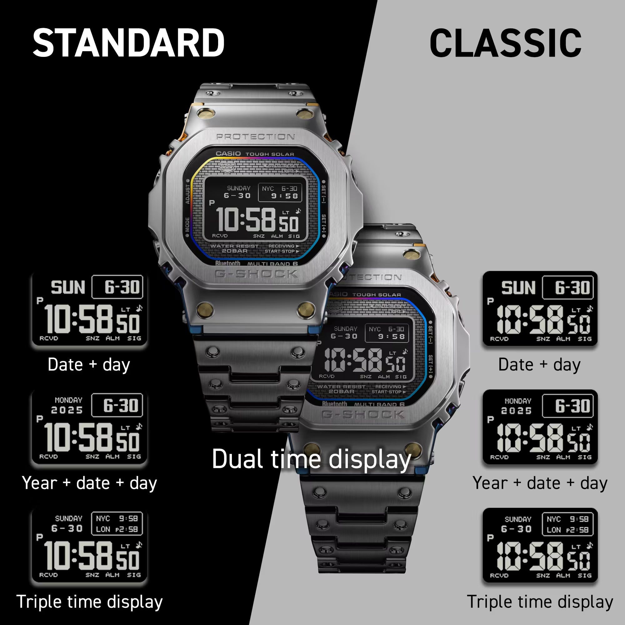 Casio G-Shock GMWBZ5000RC-1D high-definition MIP LCD display showing the dual world time function, with home time and a second world time city displayed simultaneously across the STANDARD or CLASSIC 7-segment display styles — demonstrating the watch's world time capability across 38 time zones and 55 cities, switchable via the Casio Watches app.