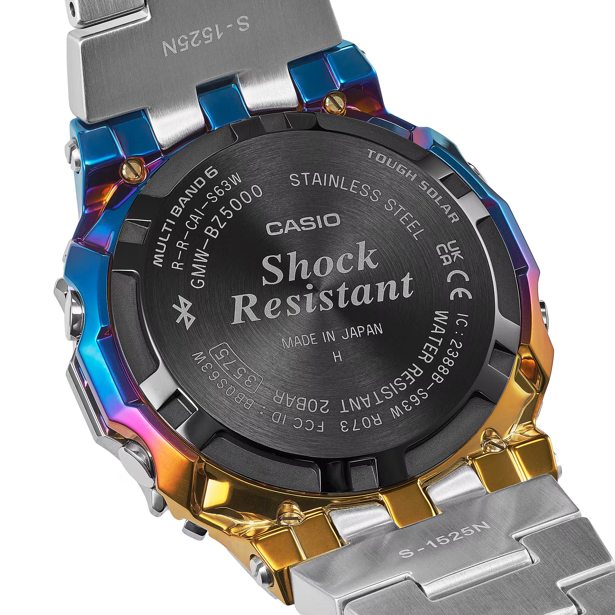 Casio G-Shock GMWBZ5000RC-1D watch rear view showing the stainless steel screw-lock case back with G-Shock branding — the same screw-lock feature as the very first G-Shock — confirming shock-resistant and 200-metre water-resistant full-metal construction, Yamagata Casio manufacture.