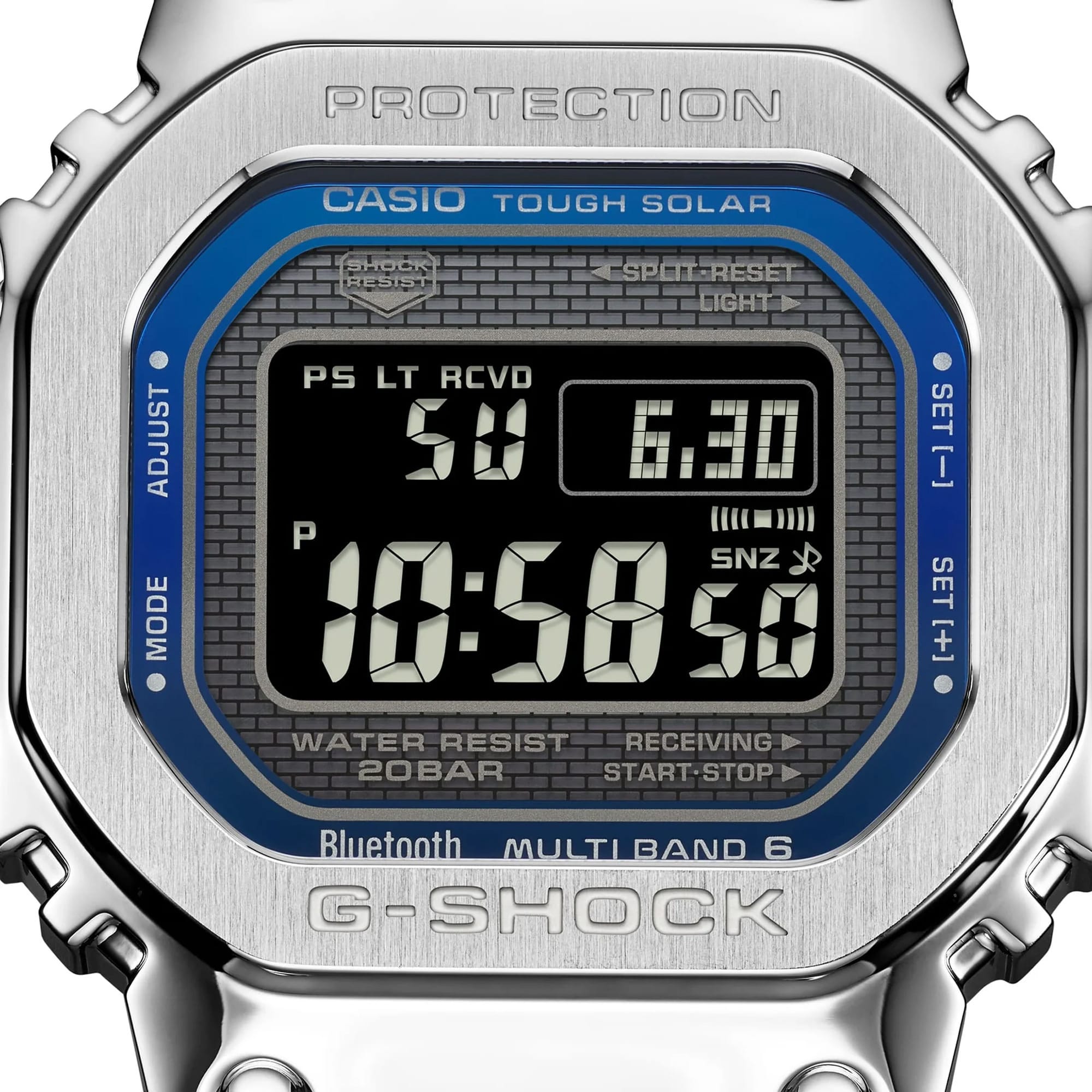 Close-up of the digital display on the Casio G-SHOCK Full Metal GMW-B5000D-2 Men's Digital Watch, 49mm case, showing the time, date and blue dial accent detail. The hairline and mirror finishing on the stainless steel bezel is also visible.