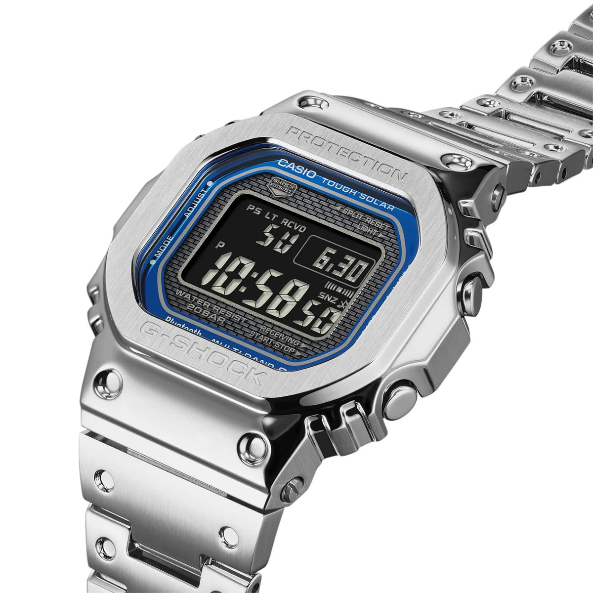 Side profile of the Casio G-SHOCK Full Metal GMW-B5000D-2 Men's Digital Watch, 49mm case, showing the stainless steel case depth and screw-lock case back construction. The solid metal band and forged bezel detailing are visible along the watch's profile.