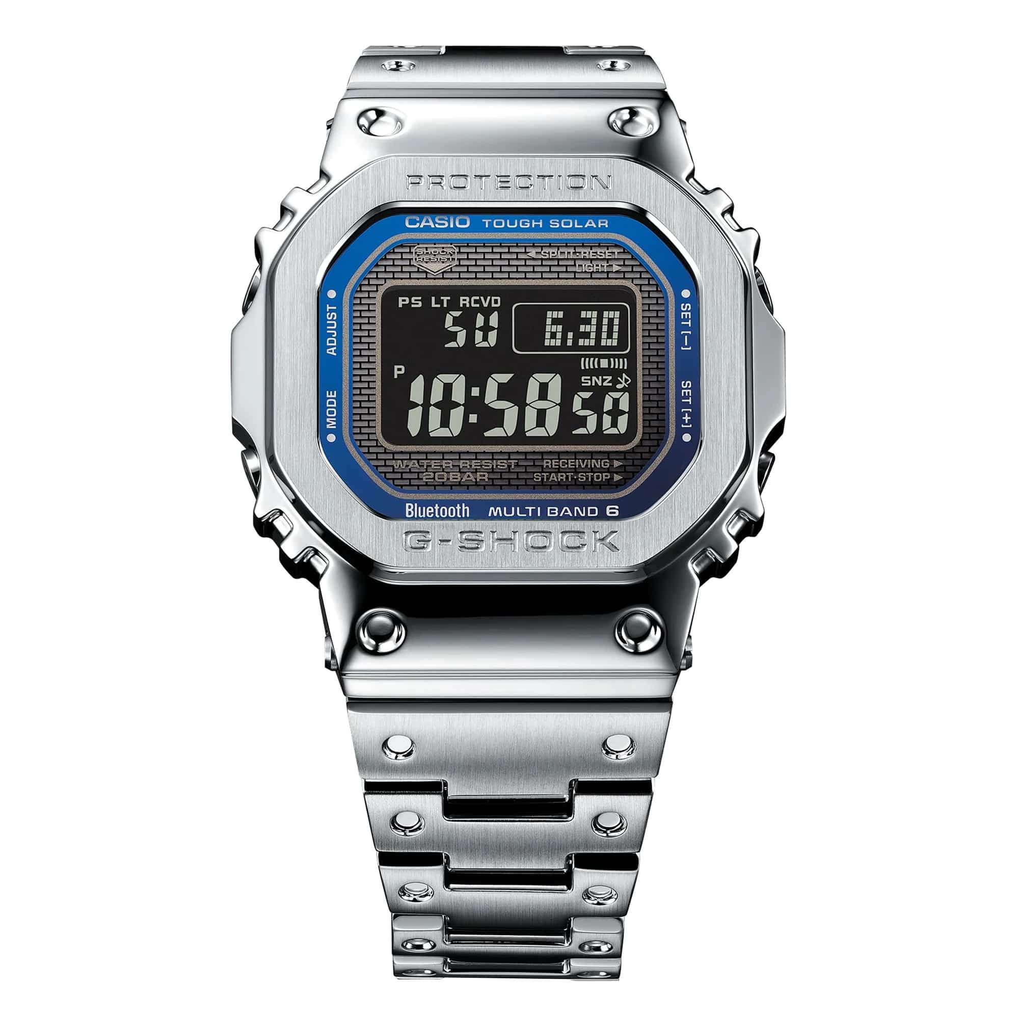 Three-quarter angle view of the Casio G-SHOCK Full Metal GMW-B5000D-2 Men's Digital Watch, 49mm case, highlighting the forged and polished stainless steel bezel. The blue metallic dial accent and digital display are visible from this angle.