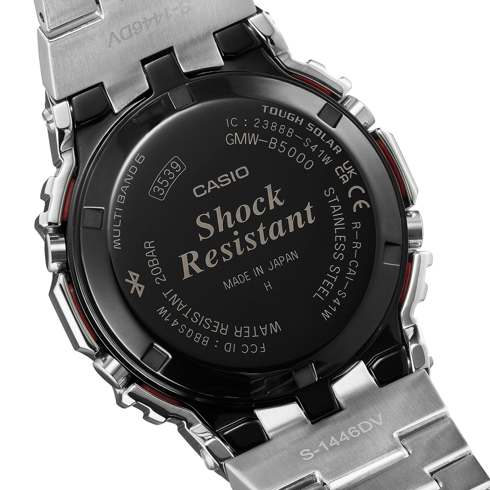 Casio G-SHOCK Solar Men's Watch GMWB5000PC-1D back of the case with 'shock resistant' and made in japan listed