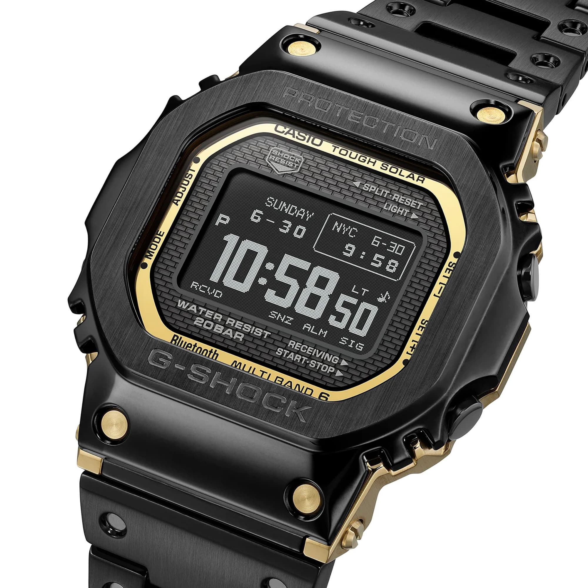 the Casio G-Shock Digital Watch GMWBZ5000BD-1D reveals the high-definition MIP LCD display, four black IP front screws, and the fine ion-plated surface finish across the bezel and centre case in close detail.