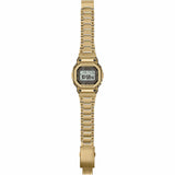 Back of the gold-tone stainless steel band on the Casio G-SHOCK Full Metal GMW-B5000GD-9 Men's Digital Watch, 49mm case. The dimpled metal band links and fold-over clasp are shown in detail.
