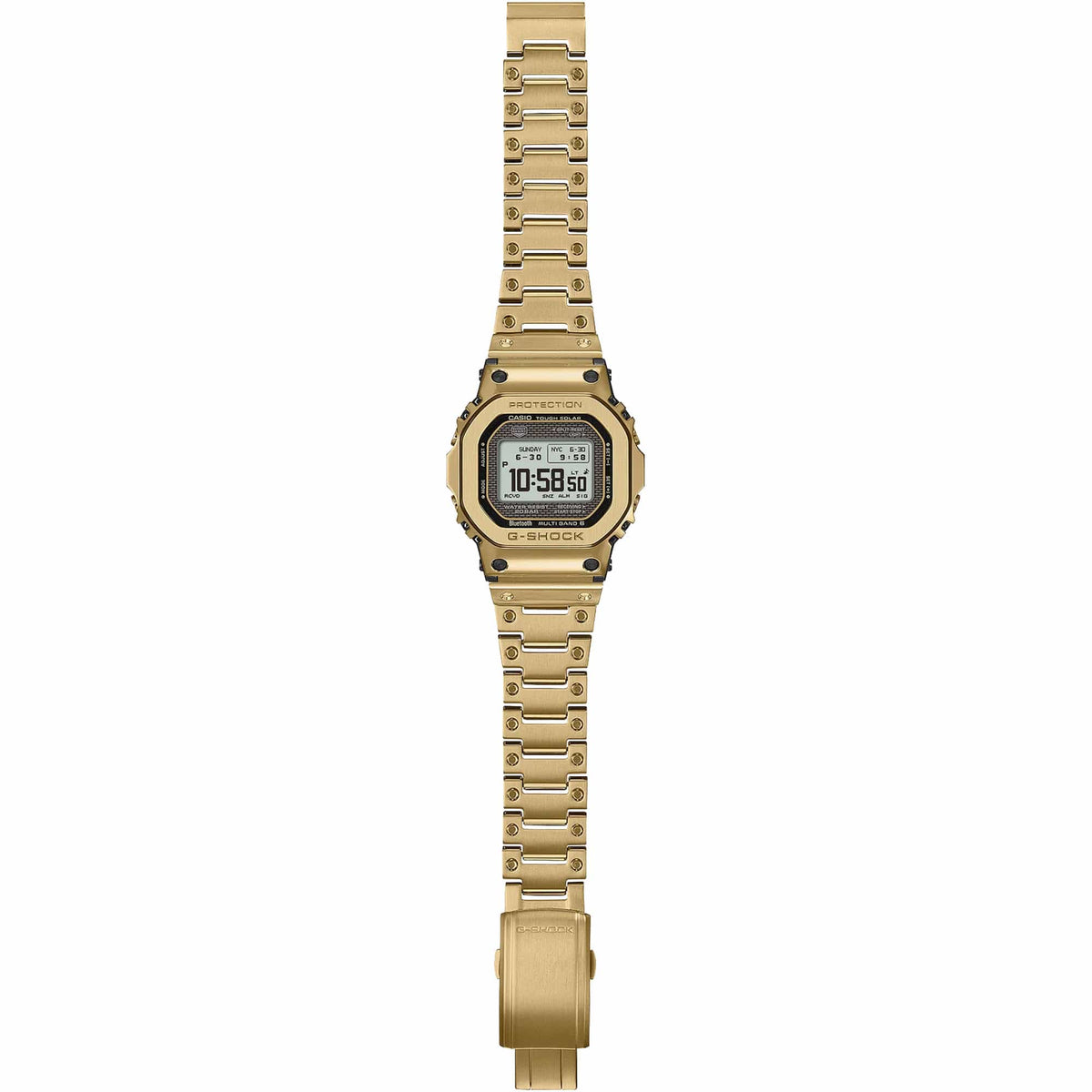 Back of the gold-tone stainless steel band on the Casio G-SHOCK Full Metal GMW-B5000GD-9 Men's Digital Watch, 49mm case. The dimpled metal band links and fold-over clasp are shown in detail.