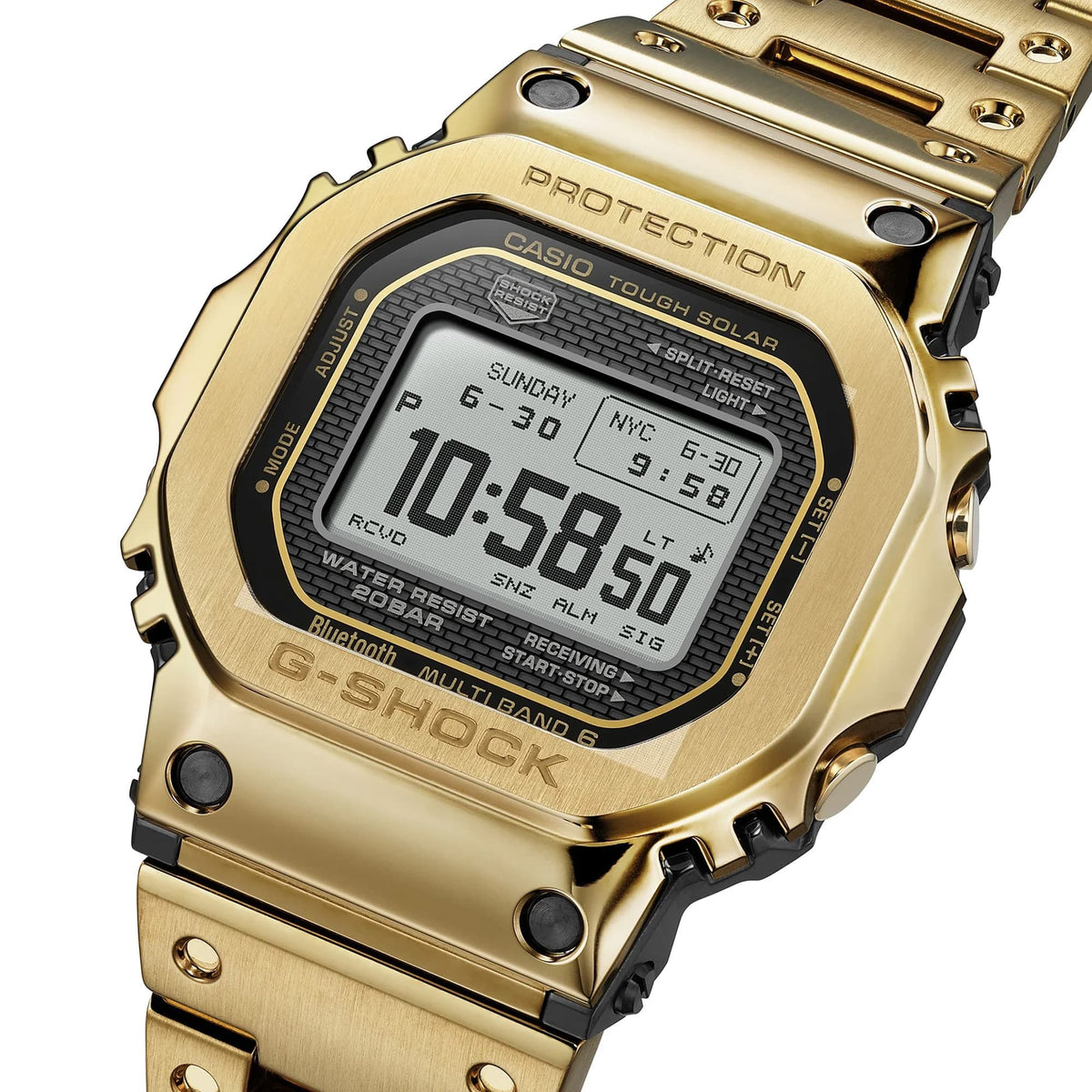Three-quarter angle view of the Casio G-SHOCK Full Metal GMW-B5000GD-9 Men's Digital Watch, 49mm case, highlighting the forged and polished gold-tone stainless steel bezel. The black digital display and dial detailing are visible from this angle.