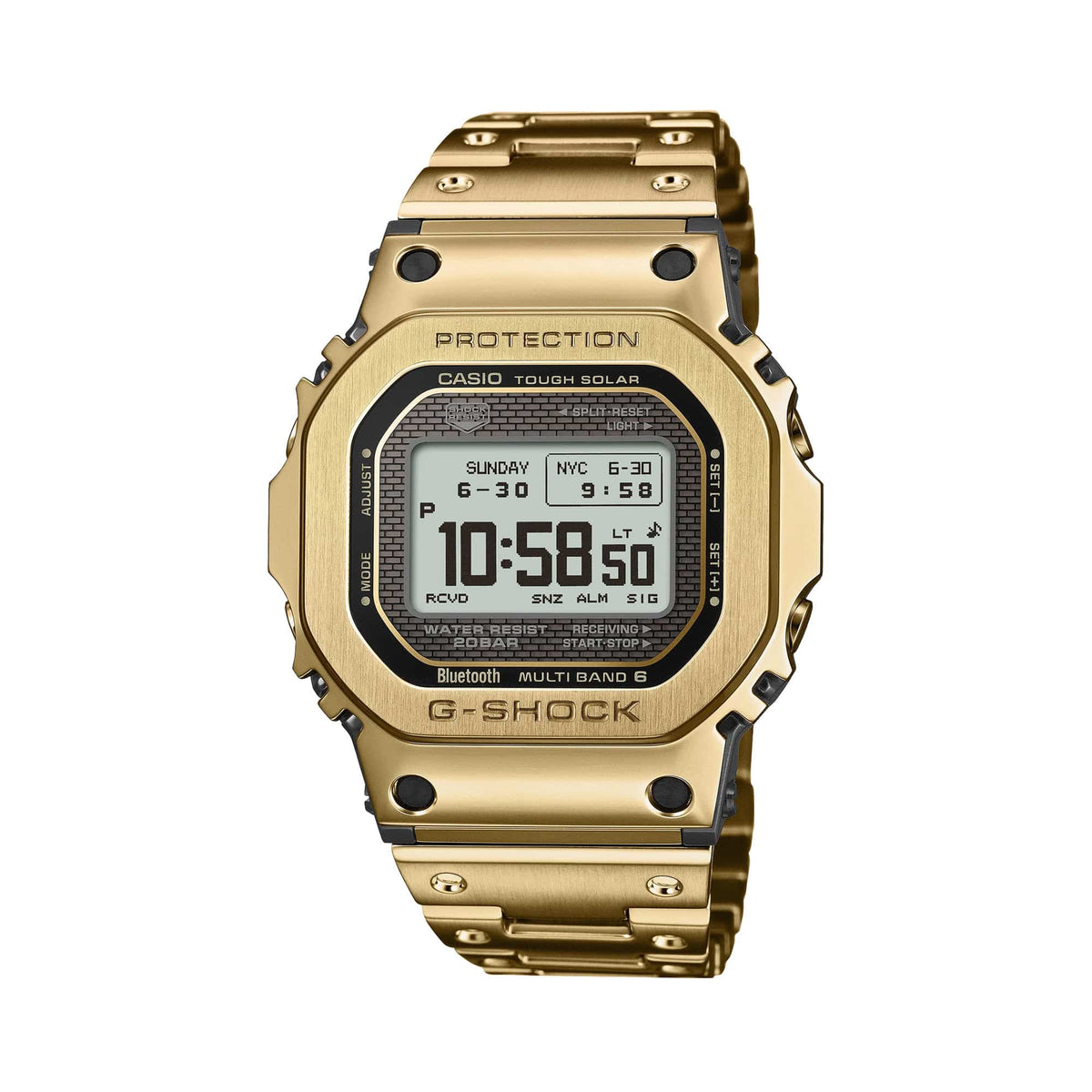 Front-on view of the Casio G-SHOCK Full Metal GMW-B5000GD-9 Men's Digital Watch, 49mm case, in gold-tone stainless steel with a black digital dial. The square full-metal case and digital display are clearly visible from this straight-on angle.