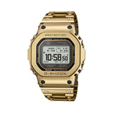 Front-on view of the Casio G-SHOCK Full Metal GMW-B5000GD-9 Men's Digital Watch, 49mm case, in gold-tone stainless steel with a black digital dial. The square full-metal case and digital display are clearly visible from this straight-on angle.