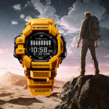 Casio G-Shock Rangeman GPRH1000-9D front view — yellow and black bio-based resin case with forged metal guards, large MIP LCD display, six-sensor suite. 60.6mm x 20.3mm, 92 grams, mud resistant and 200M water resistant.