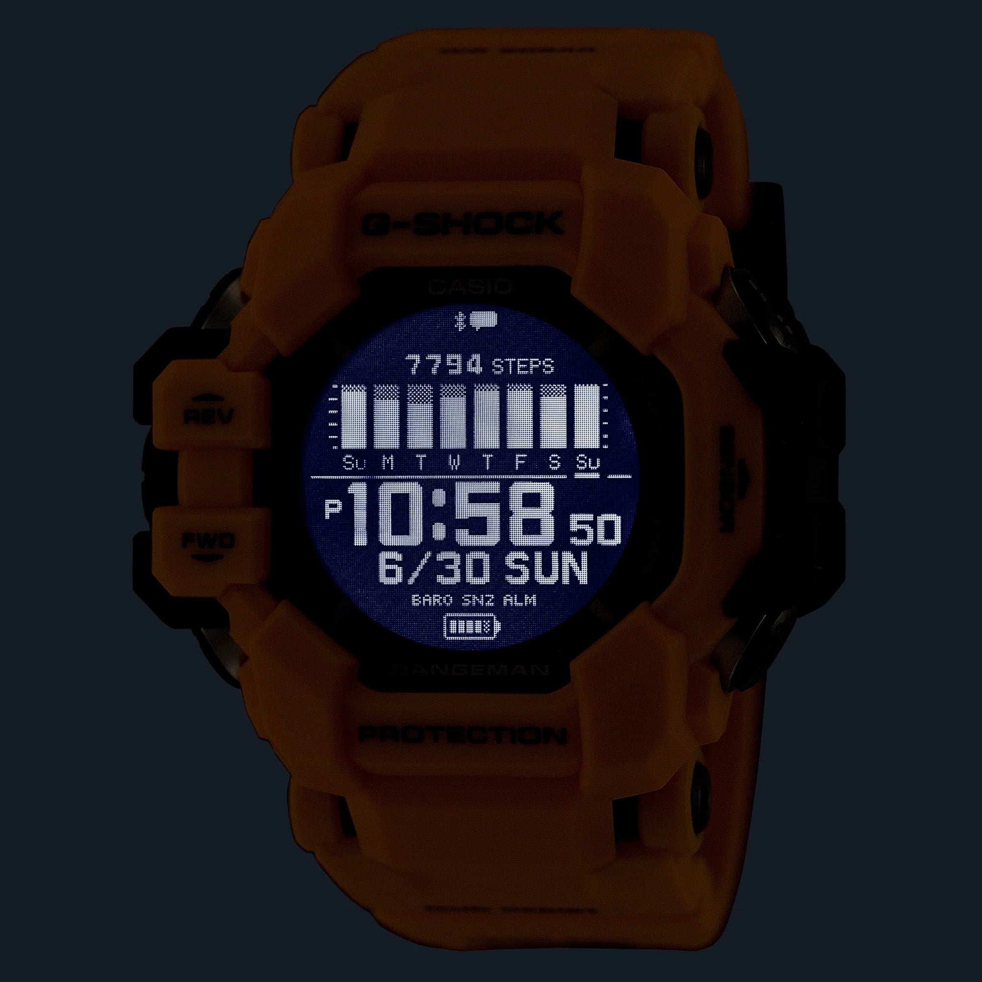 Casio G-Shock GPRH1000-9D front view showcasing the backlight LCD Screen