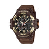 Front and side view of the Casio G-SHOCK Solar Men's Watch GR-B300H-5A, 55mm case, in a brown bio-based resin case with a gold ion-plated stainless steel bezel. The fighter jet-inspired case shape and full analogue dial are shown from this angled view.