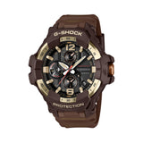 Front and side view of the Casio G-SHOCK Solar Men's Watch GR-B300H-5A, 55mm case, in a brown bio-based resin case with a gold ion-plated stainless steel bezel. The fighter jet-inspired case shape and full analogue dial are shown from this angled view.